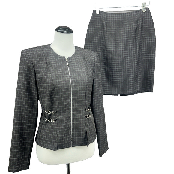 Scarlett Jackets & Blazers - VTG Scarlett Skirt Suit Set Womens 4 Charcoal Windowpane Zip Jacket Hardware 90s